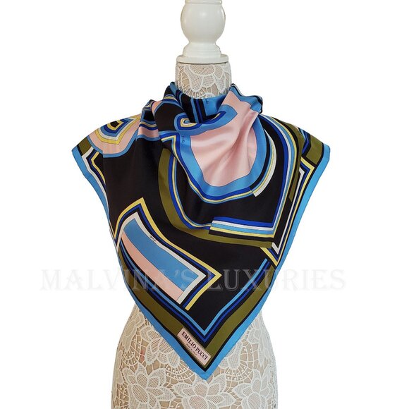 EMILIO PUCCI SCARF MULTI-COLORED VIBRANT PRINT SIGNATURE LOGO SQUARE SCARF 34" - Picture 3 of 15